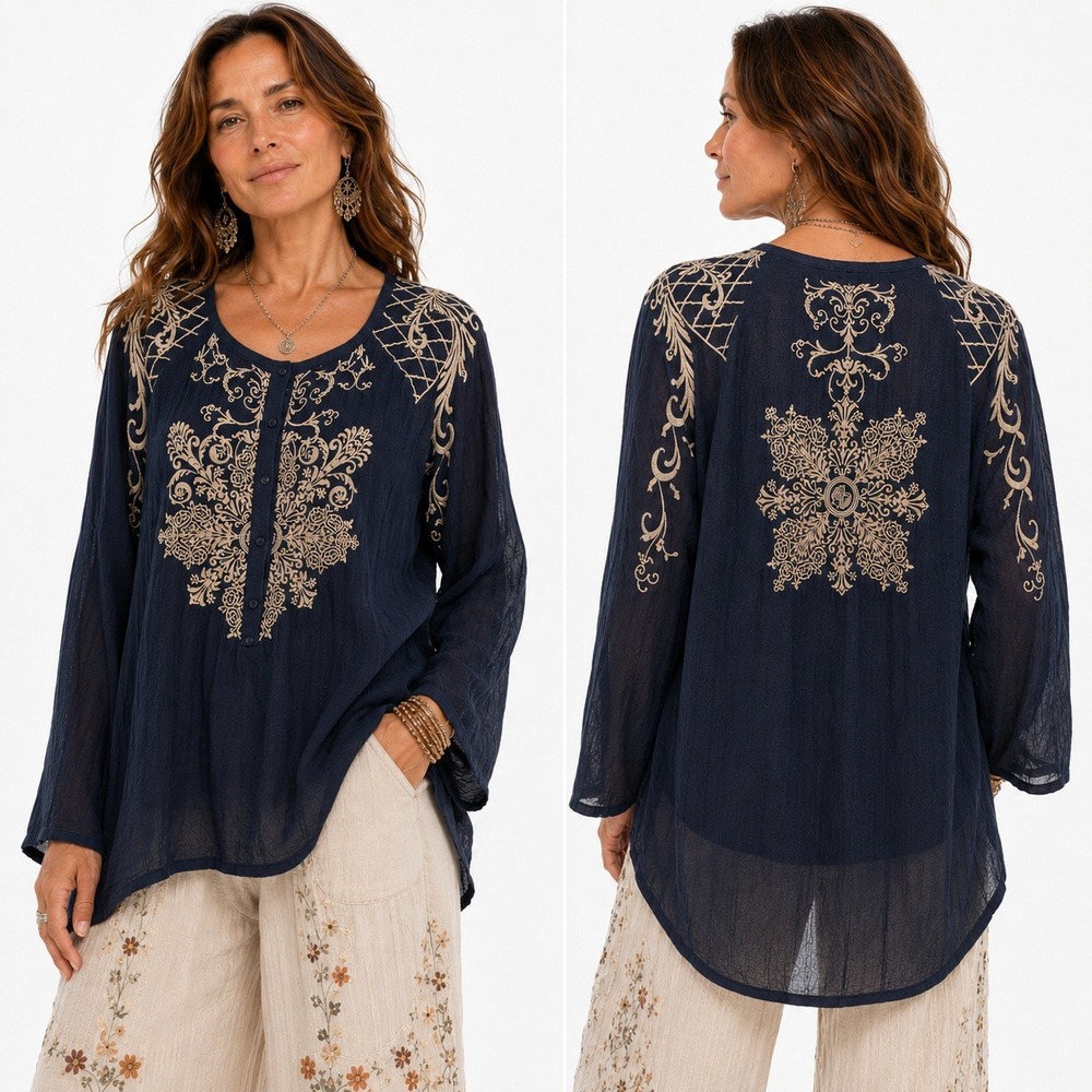 Johnny Was Embroidered Tunic XL Navy Cream Lightweight Boho Peasant Resort